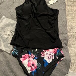 Black Tankini Top with Floral Bikini Bottoms - Black & Pink Floral